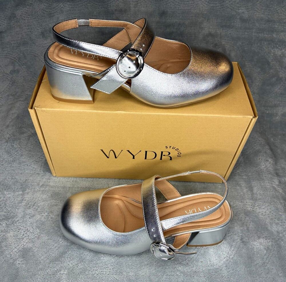WYDR Mary Jane Slingback Heels Silver Round Toe Buckle Strap Women's 7WW